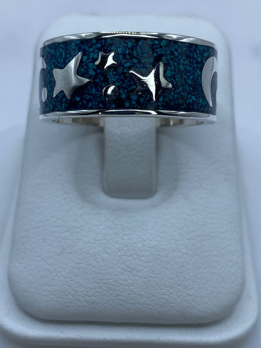 Anillo Estrellas y Luna en Plata .925 con Turquesa Natural — vista lateral