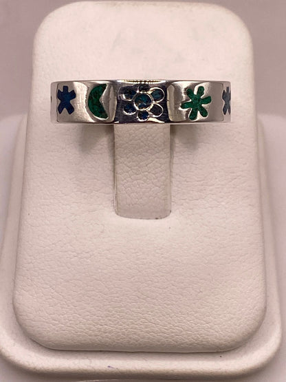 Anillo Floral y Lunar de Plata .925 con Incrustaciones, vista frontal