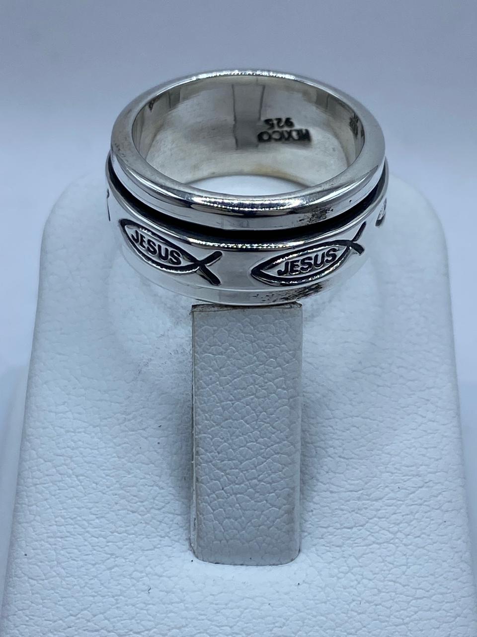 Anillo Giratorio de Plata 925 con Símbolo Ichthys y Nombre Jesús