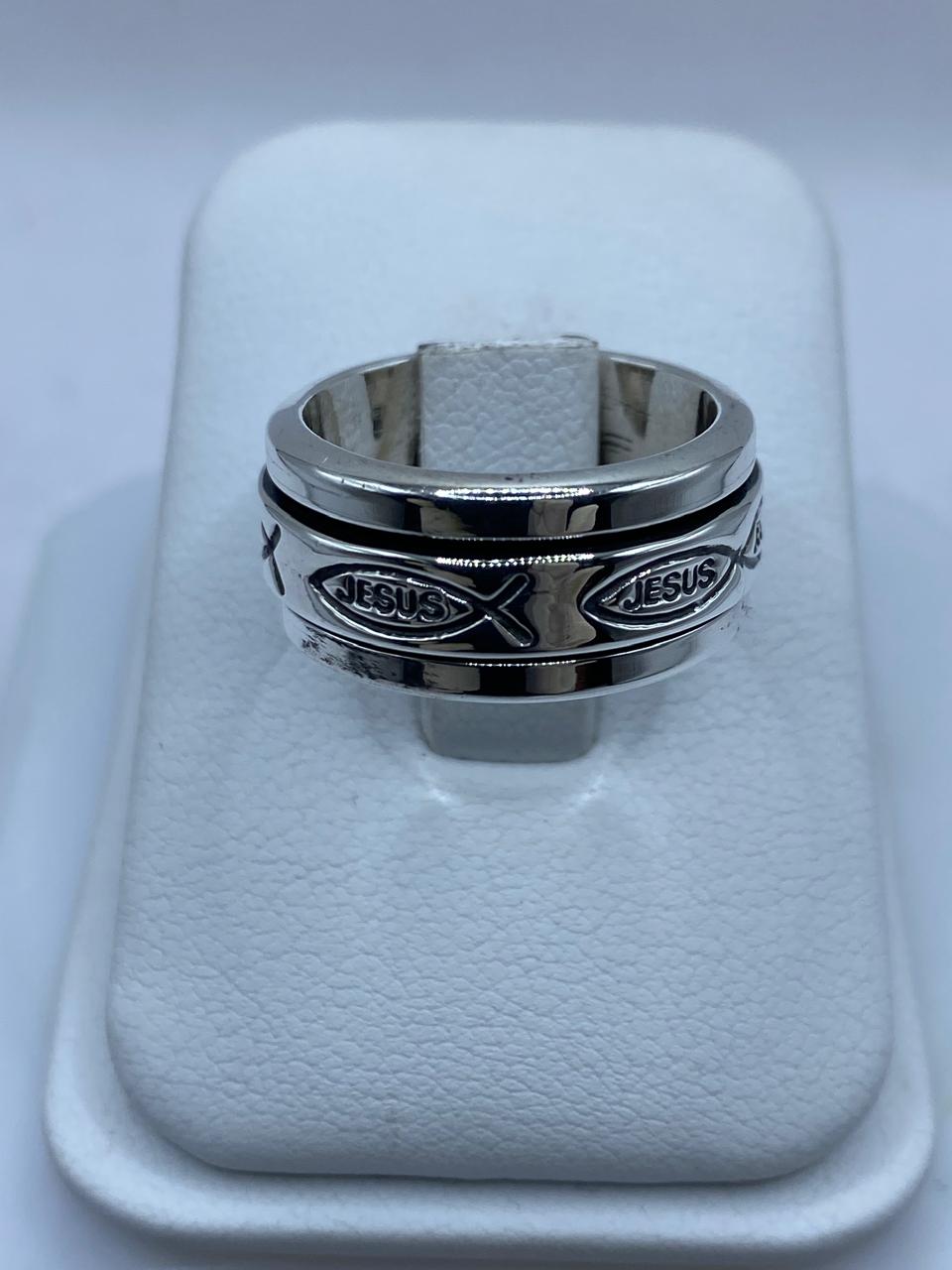 Anillo Giratorio de Plata 925 con Símbolo Ichthys y Nombre Jesús