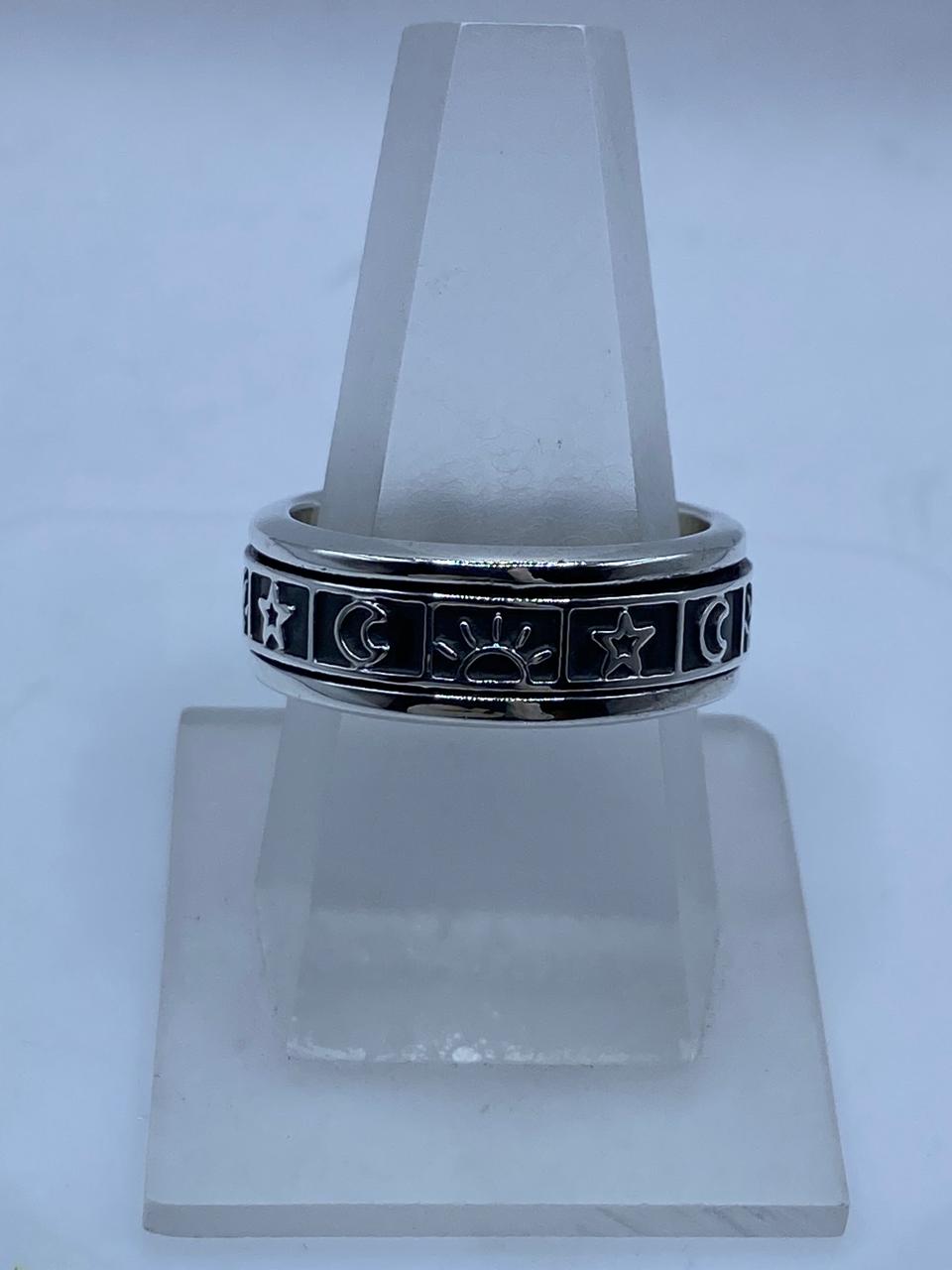 💍 Anillo Giratorio de Plata 925 con Diseño Sol, Luna y Estrell