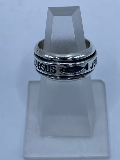 Anillo Giratorio de Plata 925 “jesús” con Símbolo Cristiano Ichthys — vista lateral