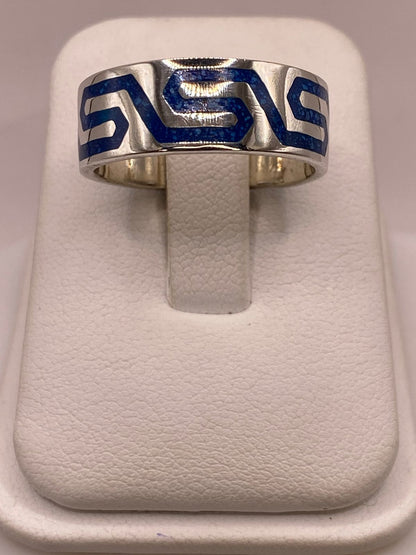 Anillo Greca Azul de Plata .925 con Incrustaciones