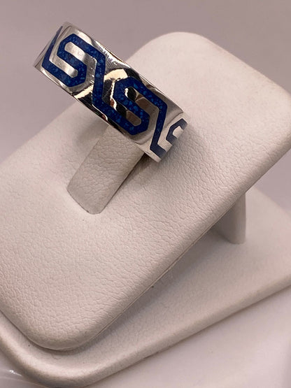 Anillo Greca Azul de Plata .925 con Incrustaciones