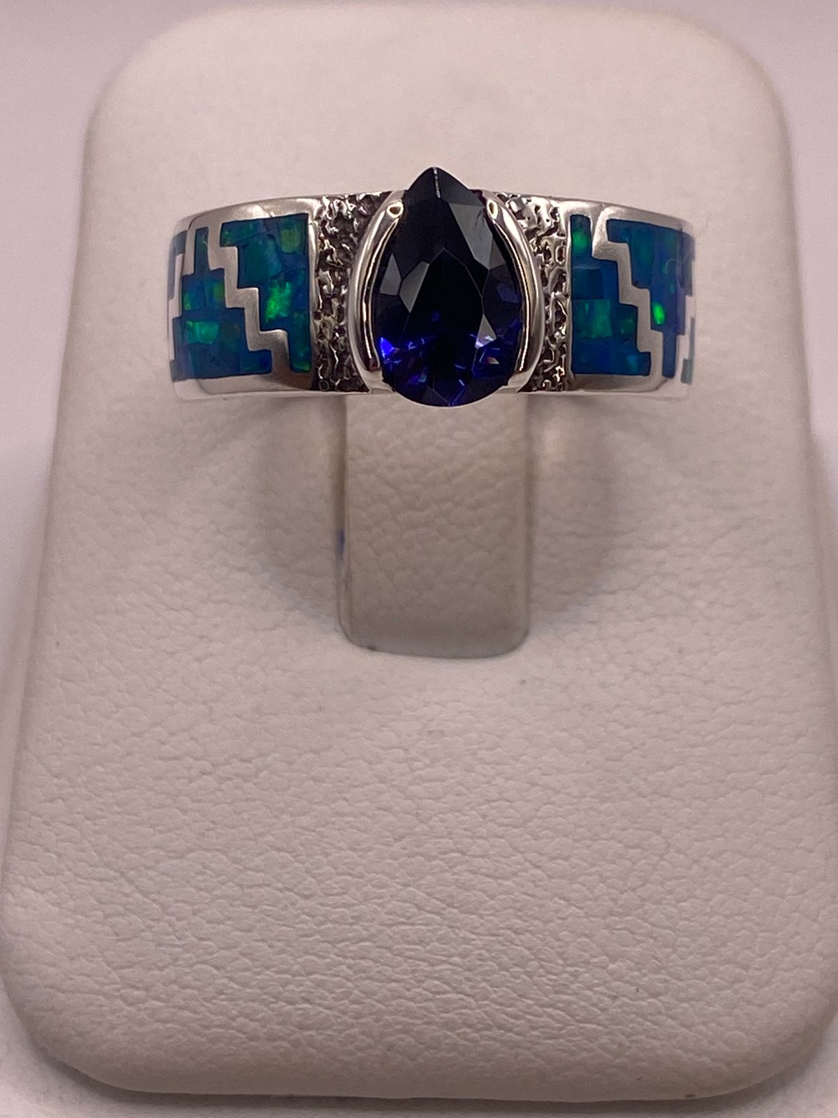💍✨ Anillo “greca Azul” de Plata 950 con Ópalo de Fuego y Zirconia