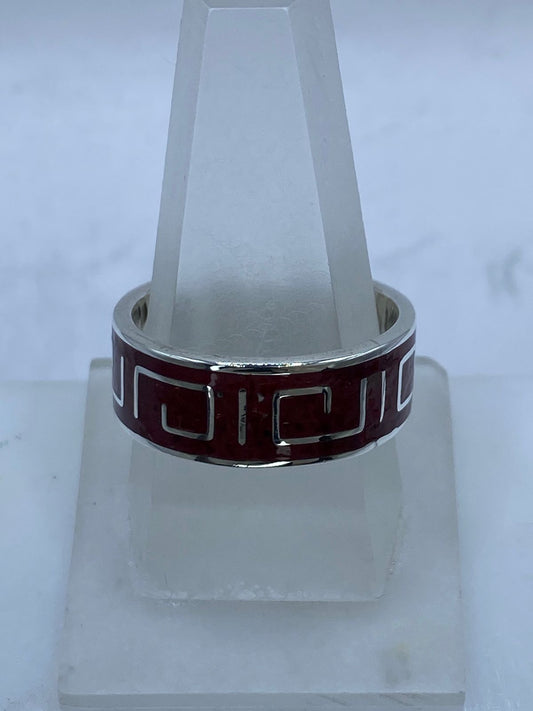 Anillo Greca Continua en Plata .925 con Coral Rojo