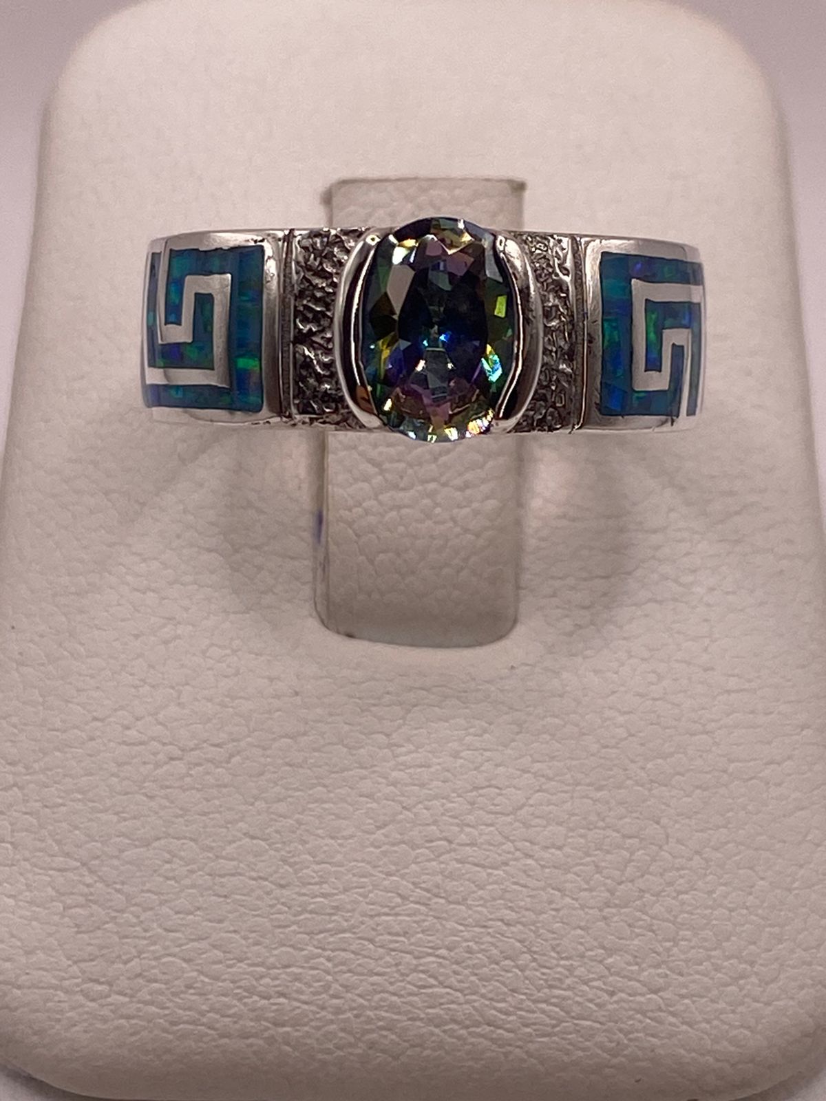 Anillo Greca Geométrica con Ópalo de Fuego y Zirconia en Plata .950