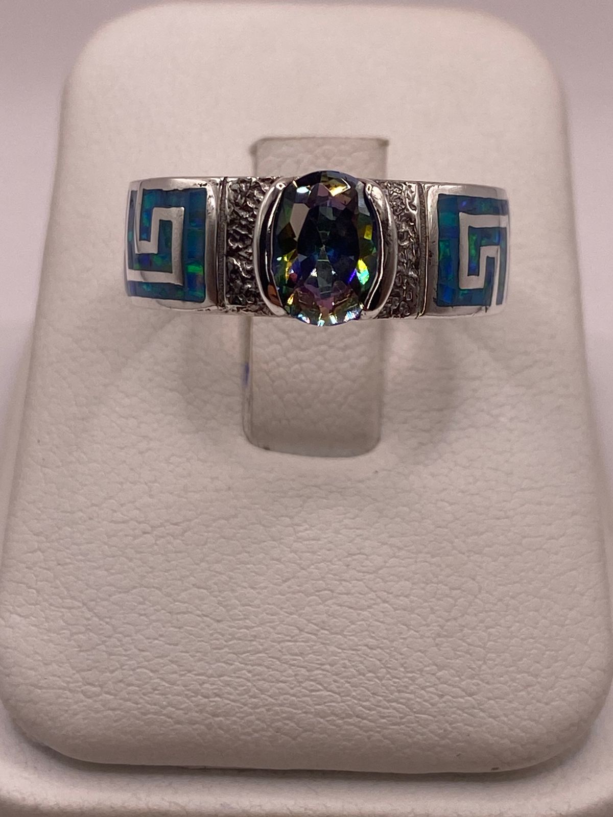 Anillo Greca Geométrica con Ópalo de Fuego y Zirconia en Plata .950