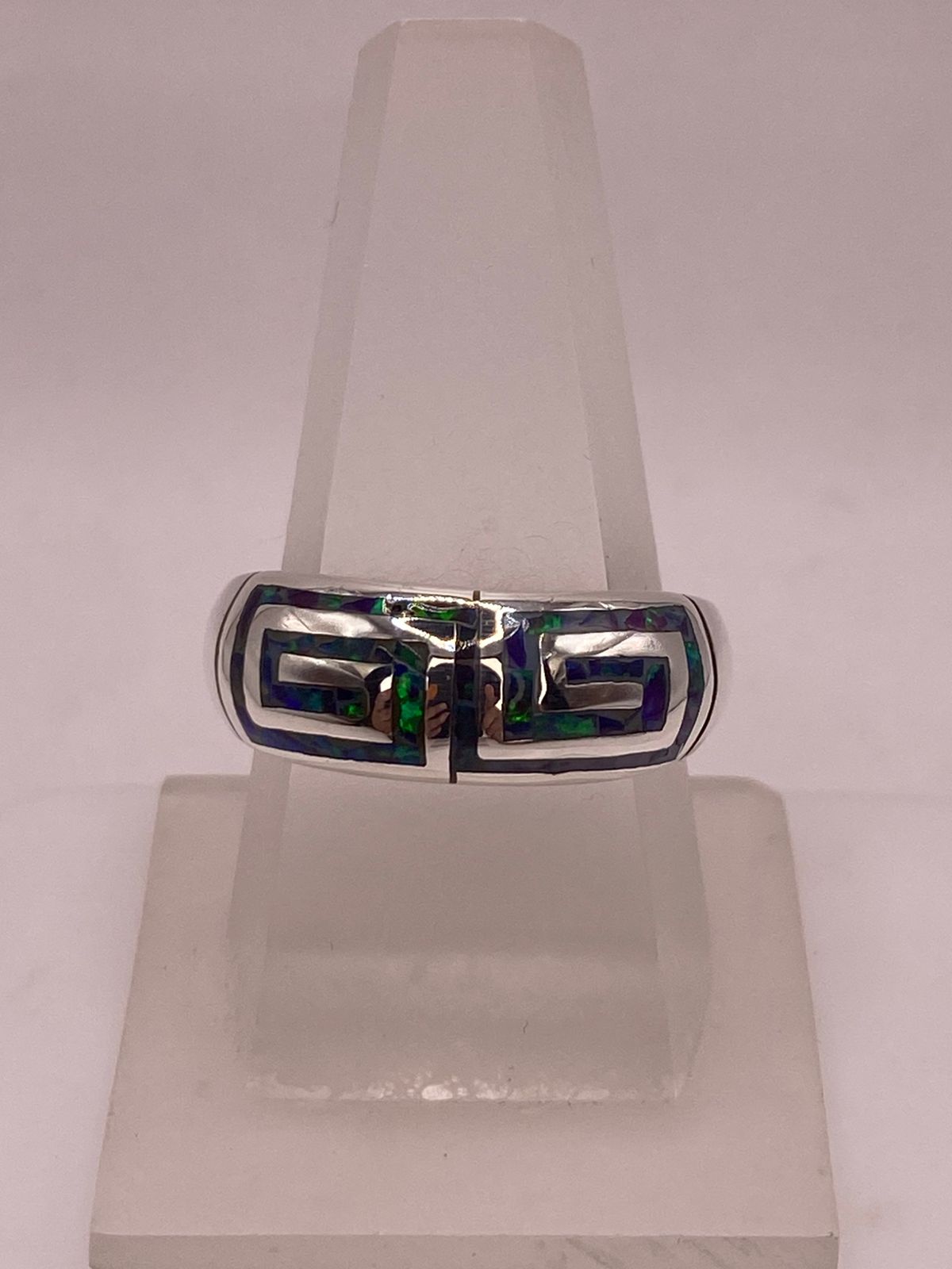 Anillo Greca Geomitrica con Ópalo de Fuego en Plata .950