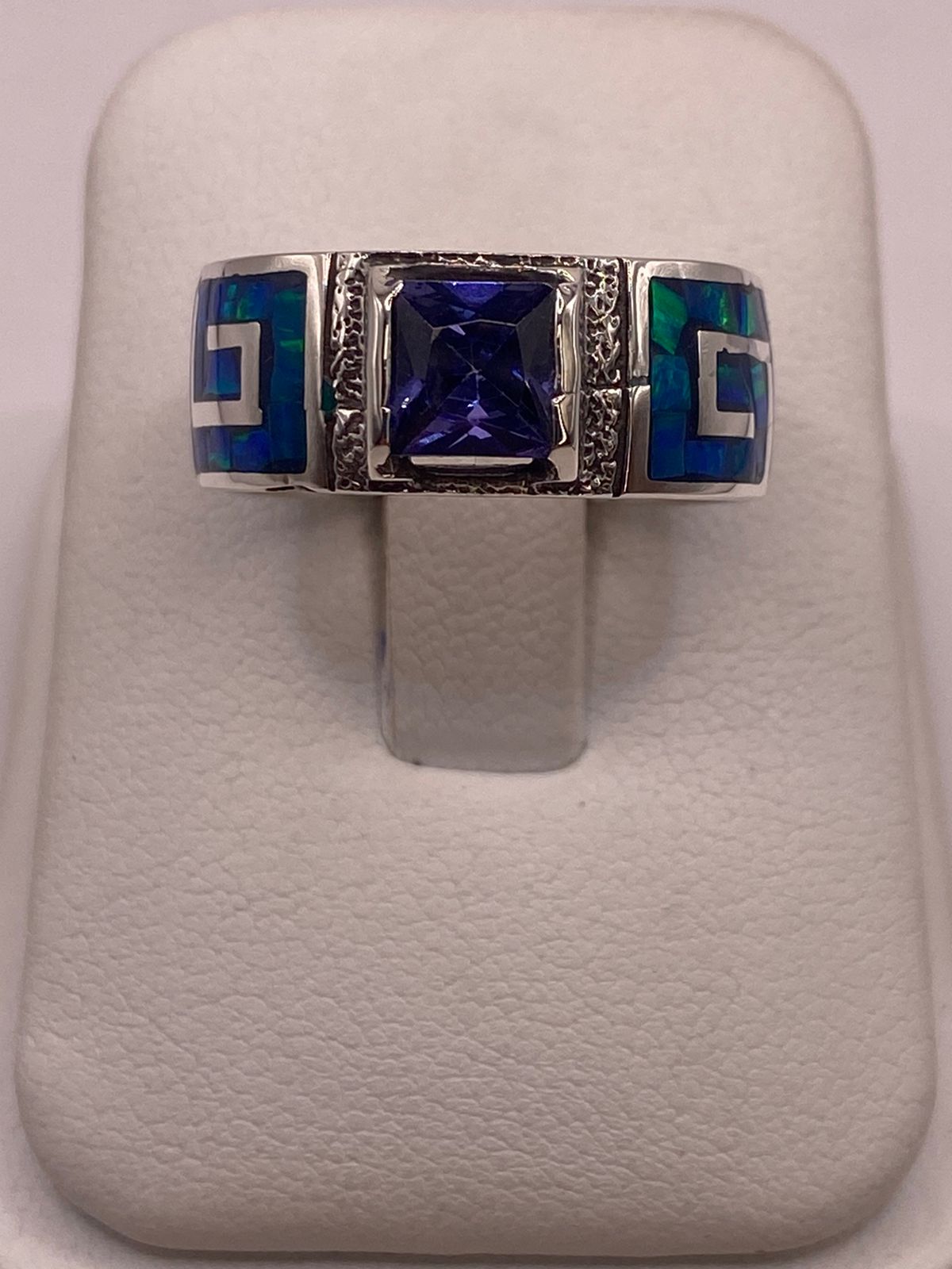 Anillo Greca Imperial de Plata 950 con Ópalo de Fuego y Zirconia