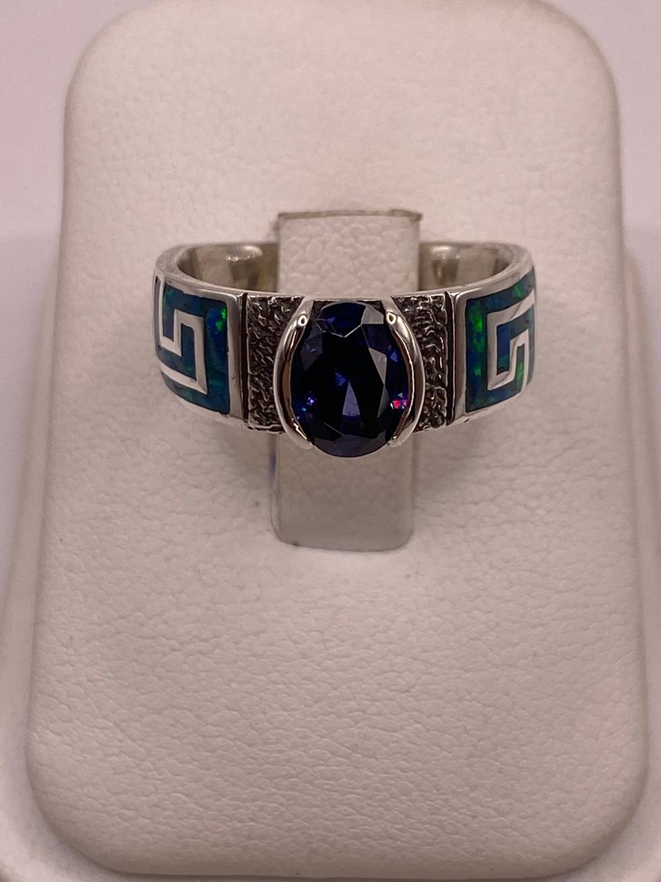 Anillo de Greca con Ópalo de Fuego  y Zirconia  en Plata .950