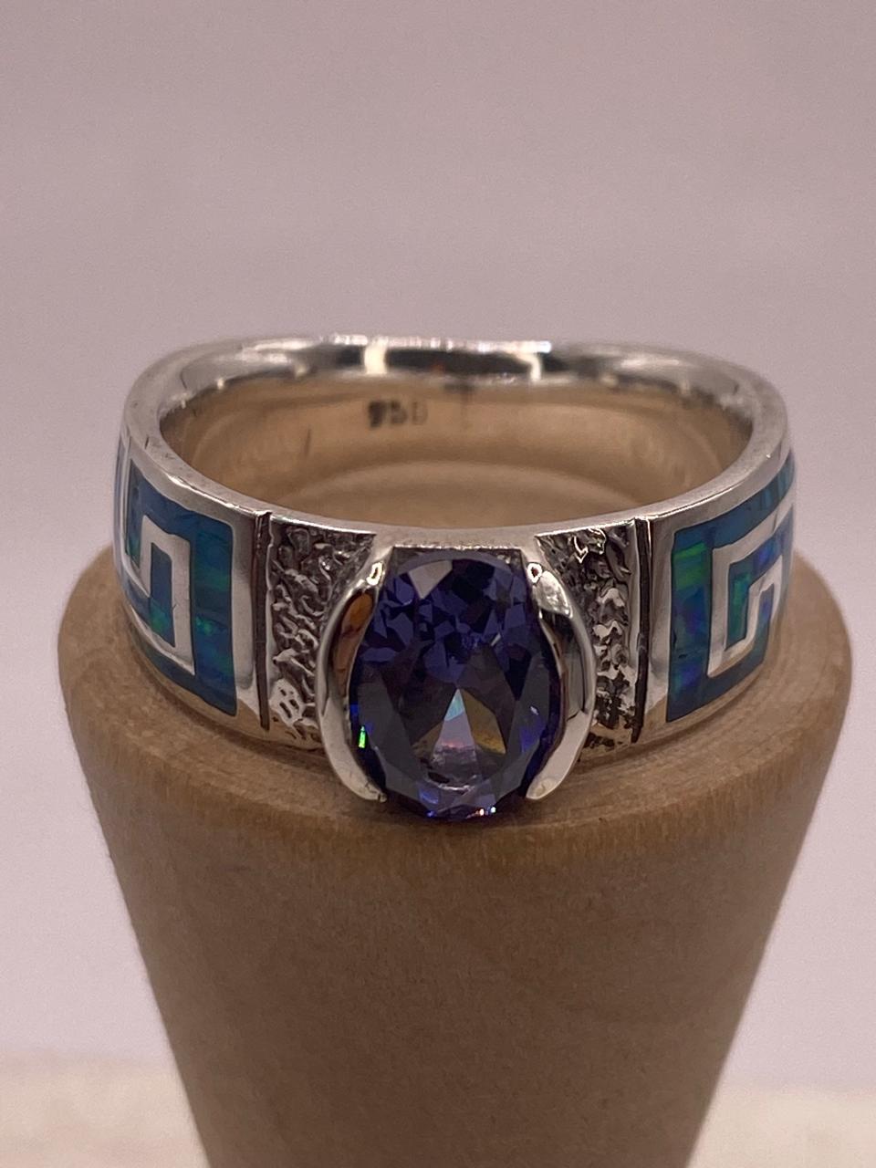 Anillo de Greca con Ópalo de Fuego y Zirconia  en Plata .950