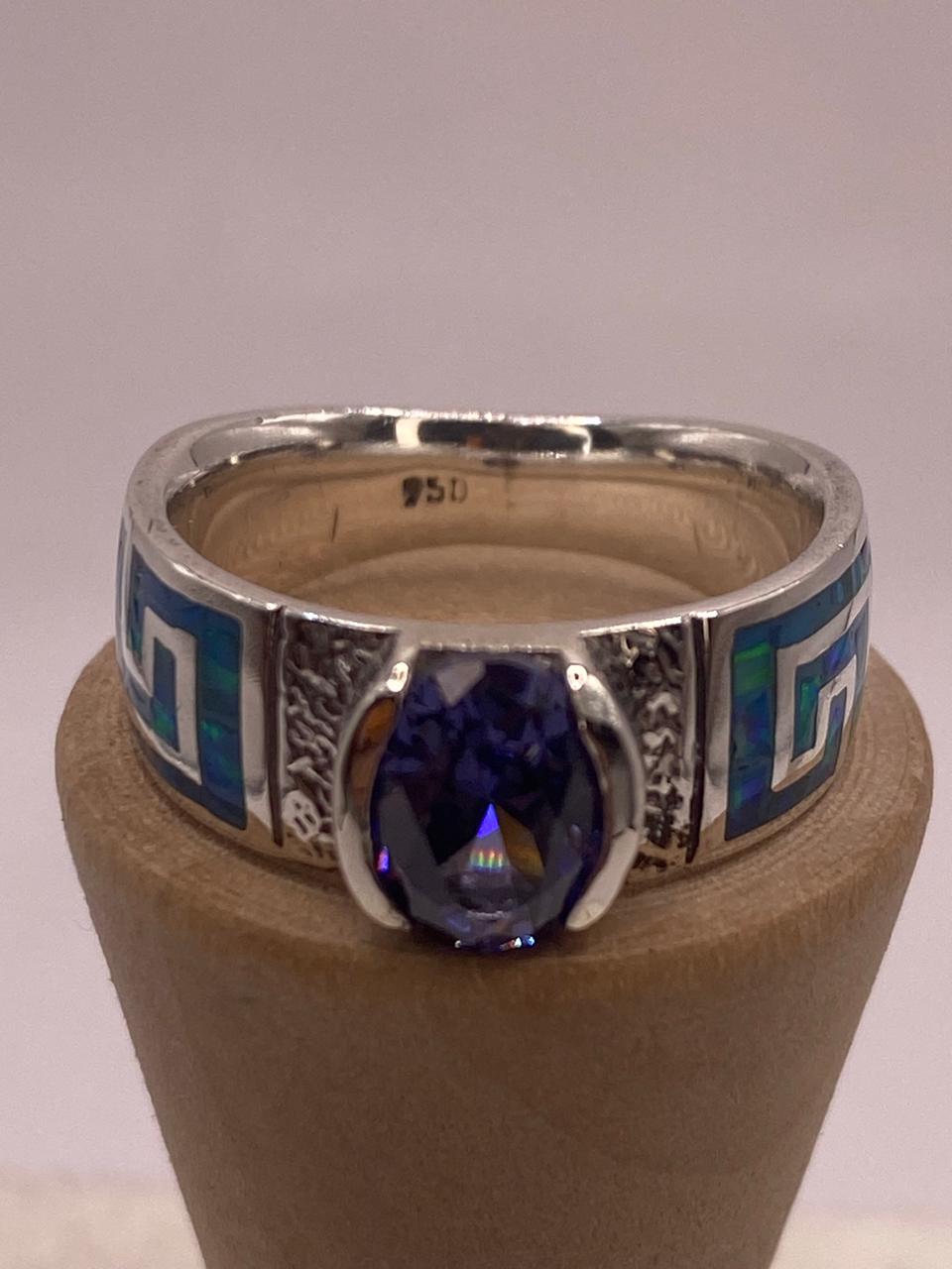 Anillo de Greca con Ópalo de Fuego y Zirconia  en Plata .950