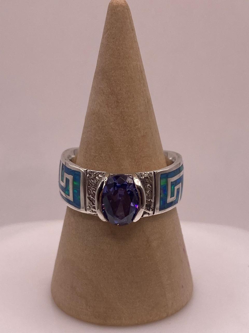 Anillo de Greca con Ópalo de Fuego y Zirconia  en Plata .950