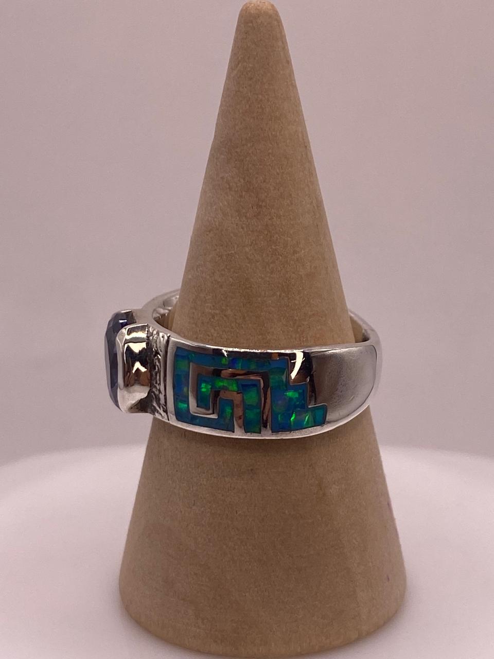 Anillo de Greca con Ópalo de Fuego y Zirconia  en Plata .950