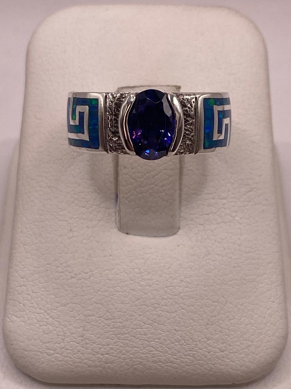 Anillo de Greca con Ópalo de Fuego y Zirconia  en Plata .950