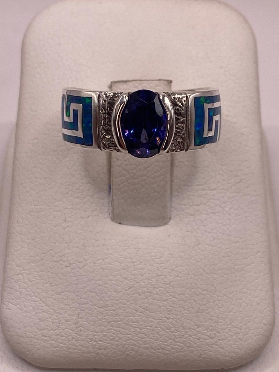 Anillo de Greca con Ópalo de Fuego y Zirconia  en Plata .950