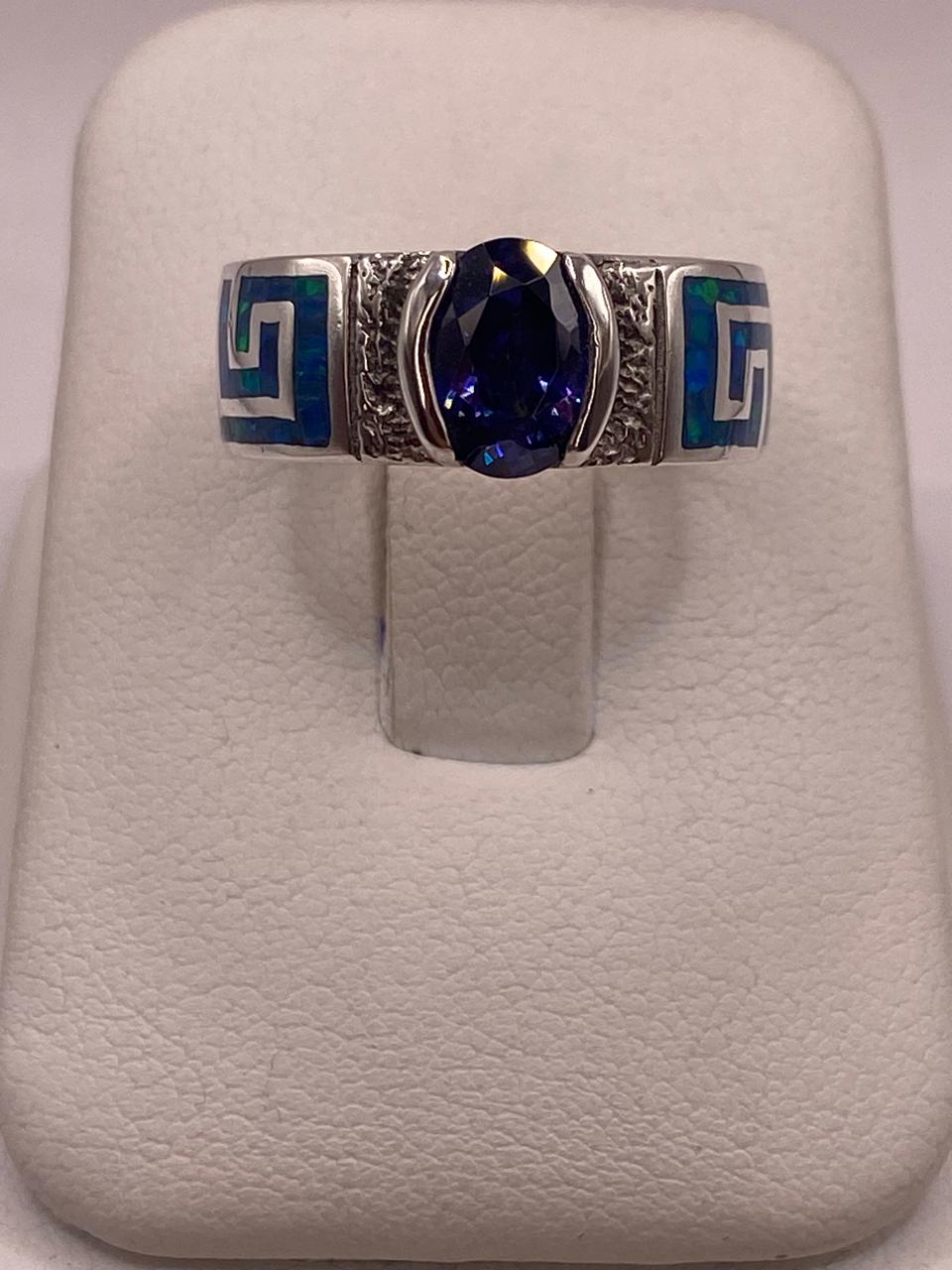 Anillo de Greca con Ópalo de Fuego y Zirconia  en Plata .950