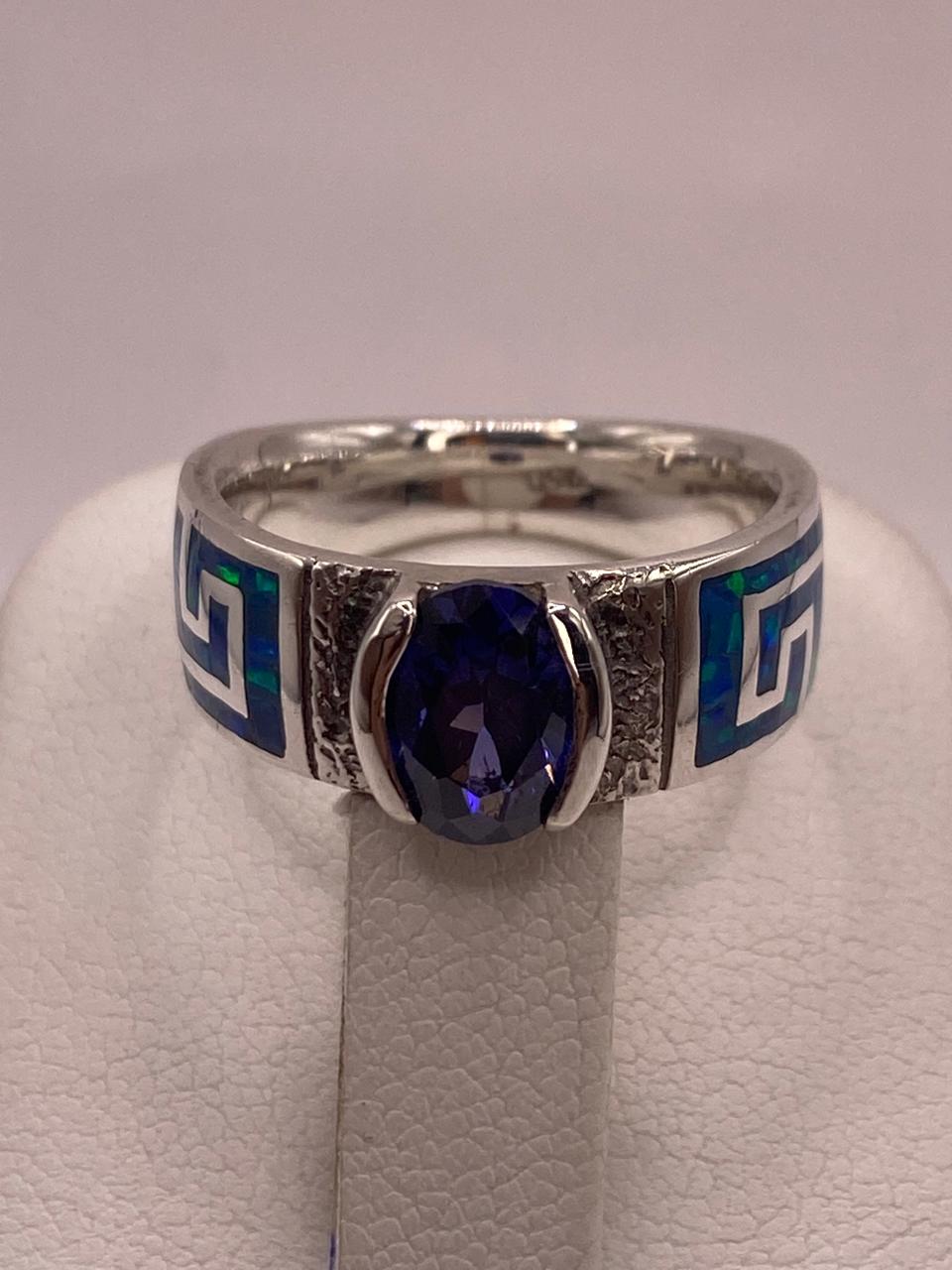 Anillo de Greca con Ópalo de Fuego y Zirconia  en Plata .950
