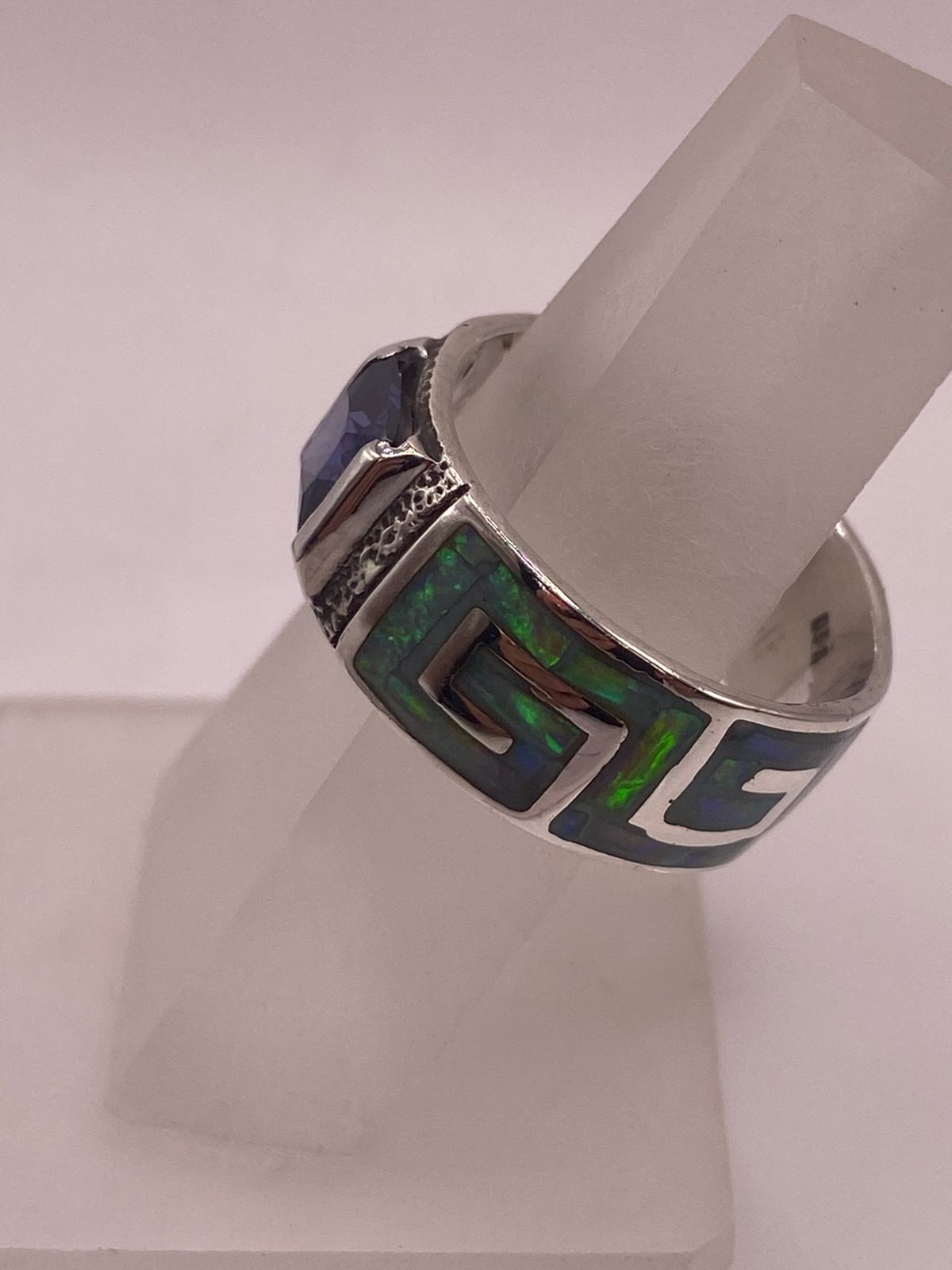 💍🔥 Anillo Greca Ópalo de Fuego & Zirconia Zafiro Plata 950