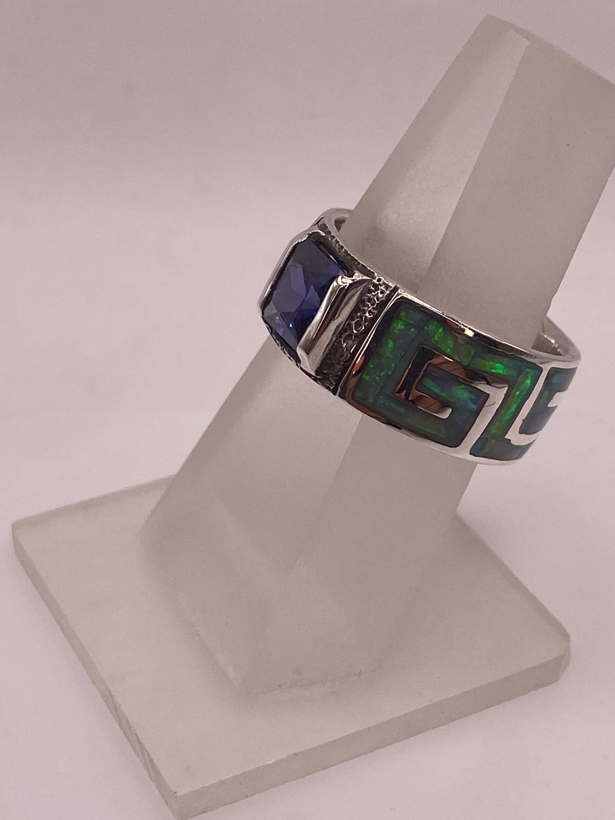 💍🔥 Anillo Greca Ópalo de Fuego & Zirconia Zafiro Plata 950