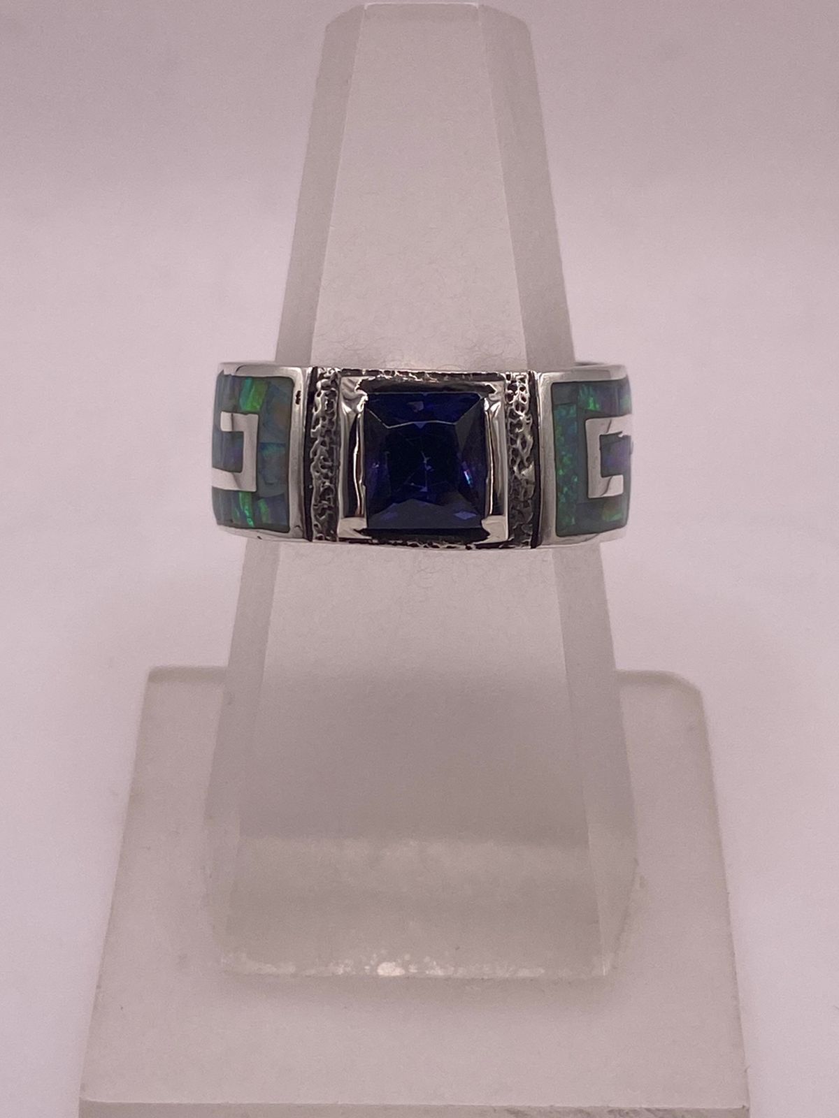 💍🔥 Anillo Greca Ópalo de Fuego & Zirconia Zafiro Plata 950