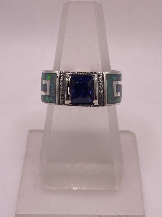 💍🔥 Anillo Greca Ópalo de Fuego & Zirconia Zafiro Plata 950