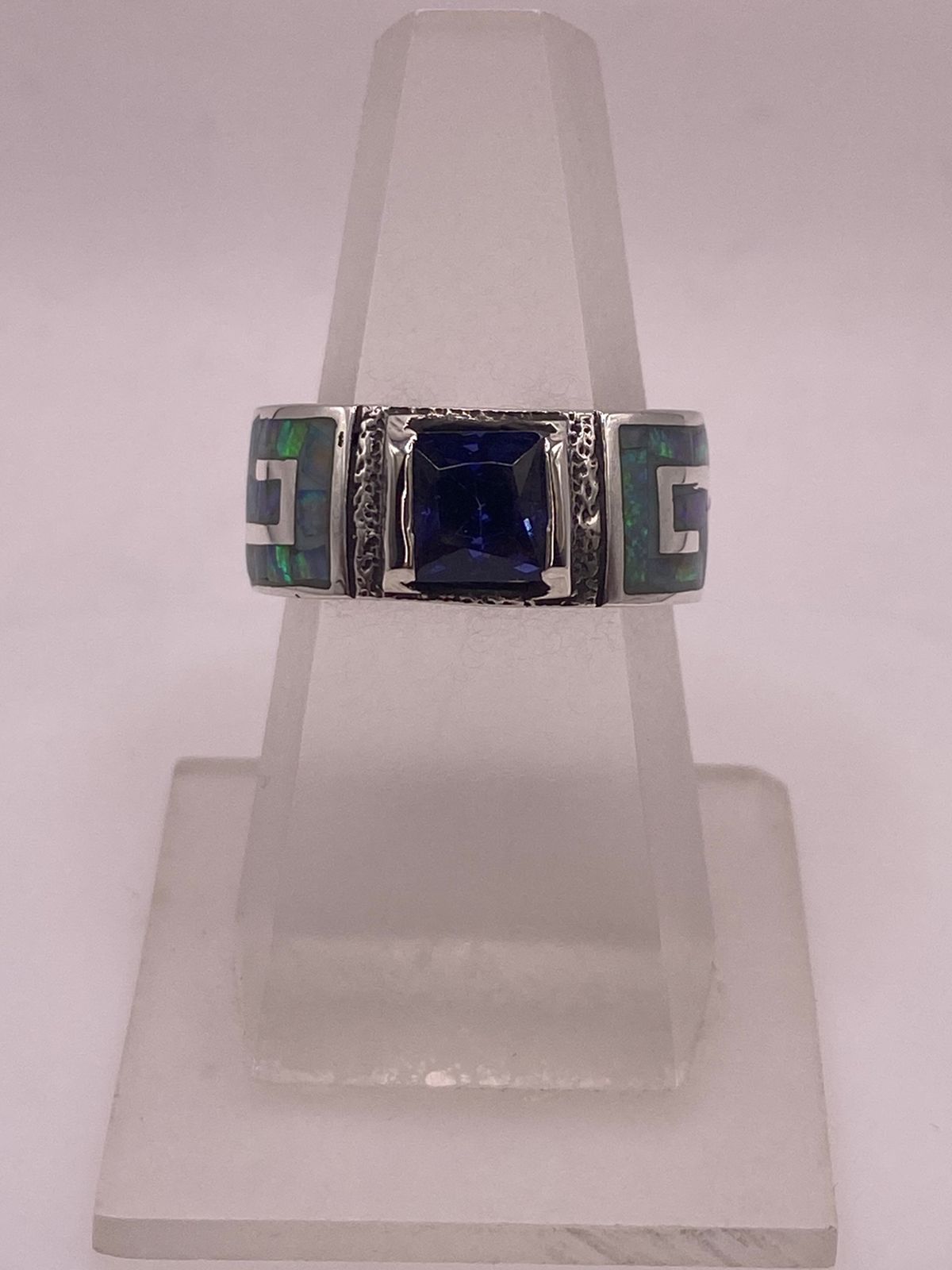 💍🔥 Anillo Greca Ópalo de Fuego & Zirconia Zafiro Plata 950