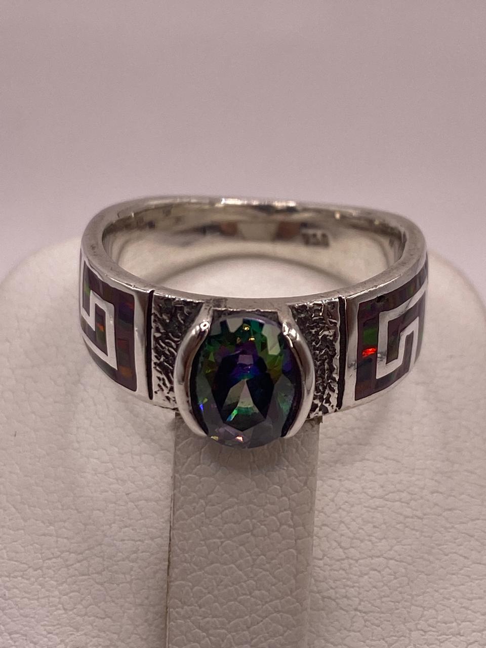 Anillo de Greca con Ópalo de Fuego y zirconia en Plata .950