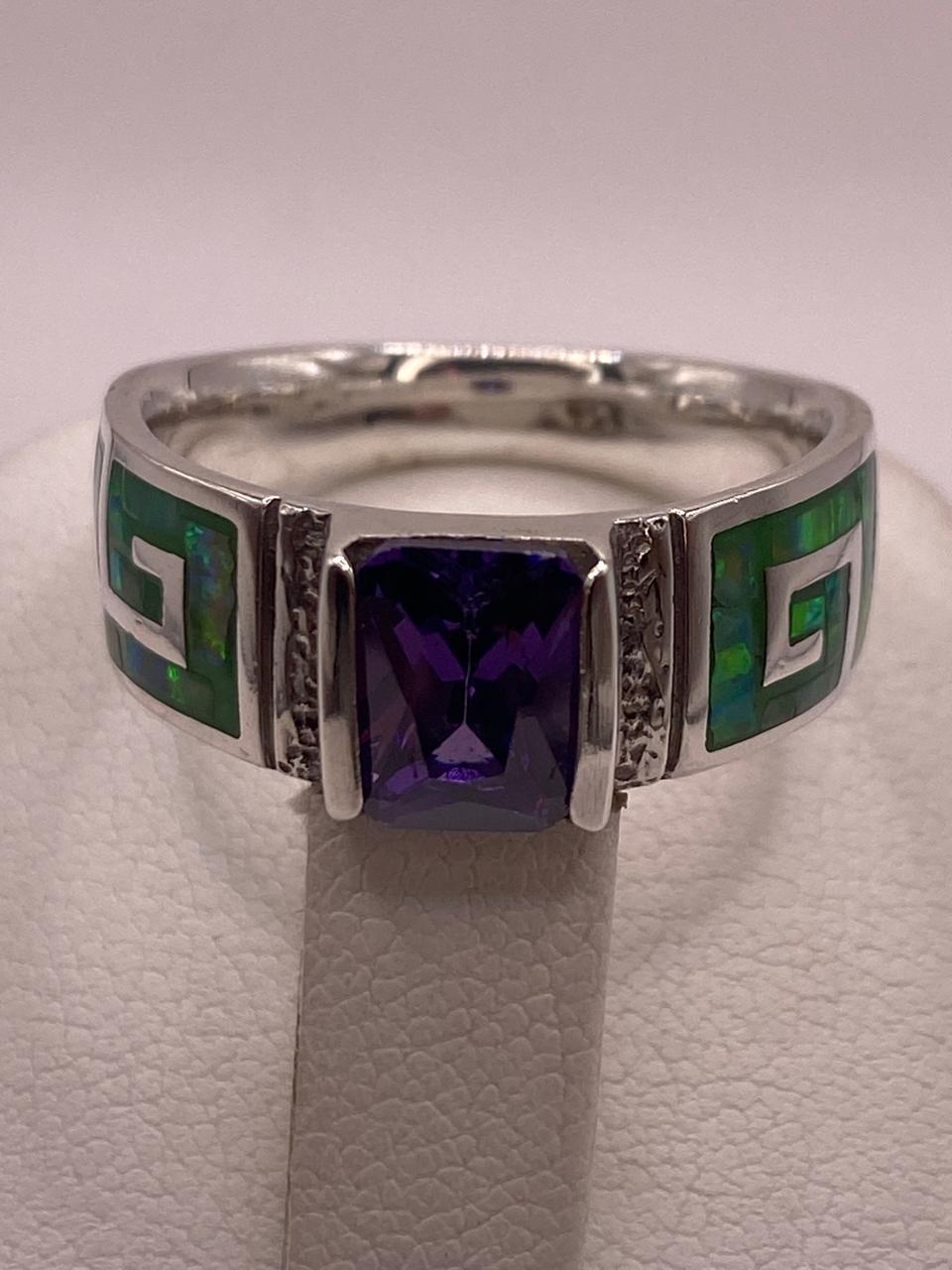 Anillo de Greca con Ópalo de Fuego y Zirconia en Plata .950