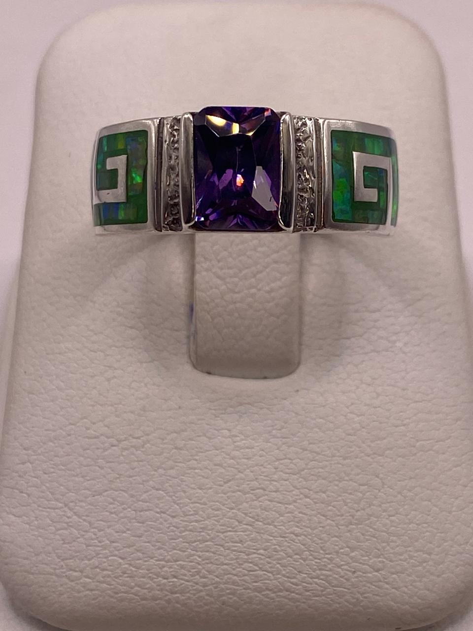 Anillo de Greca con Ópalo de Fuego y Zirconia en Plata .950