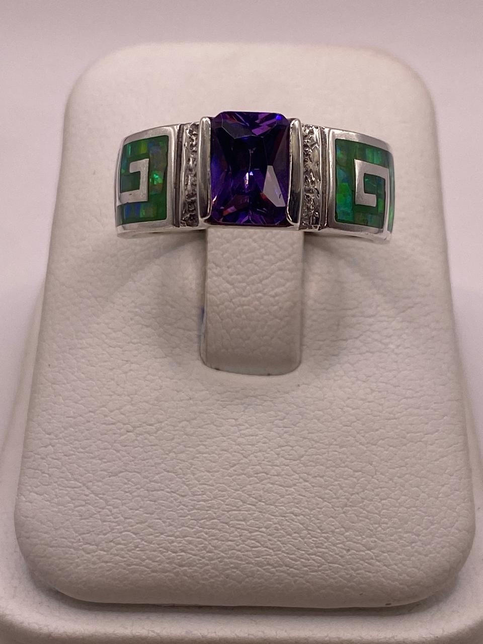 Anillo de Greca con Ópalo de Fuego y Zirconia en Plata .950