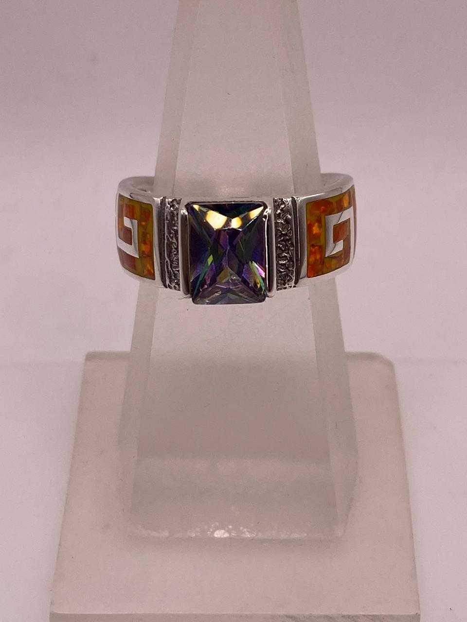 Anillo Greca de Plata 950 con Ópalo de Fuego y Zirconia