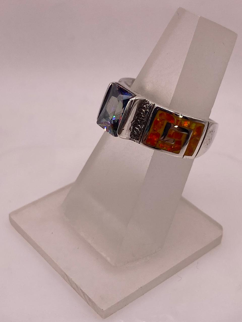 Anillo Greca de Plata 950 con Ópalo de Fuego y Zirconia