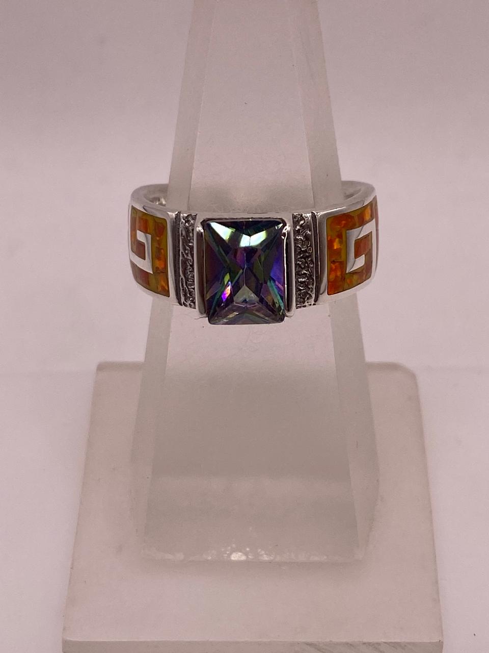 Anillo Greca de Plata 950 con Ópalo de Fuego y Zirconia