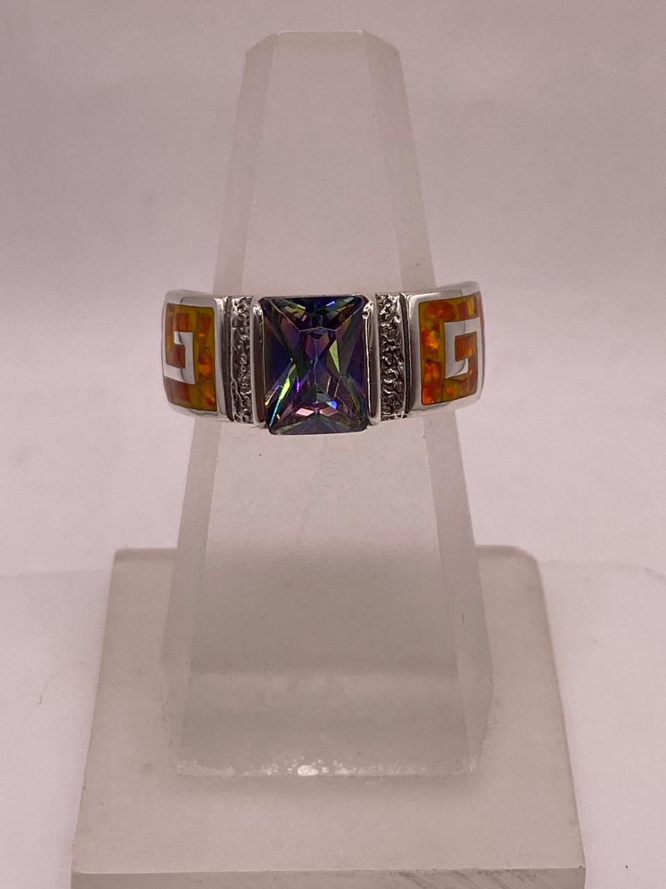 Anillo Greca de Plata 950 con Ópalo de Fuego y Zirconia