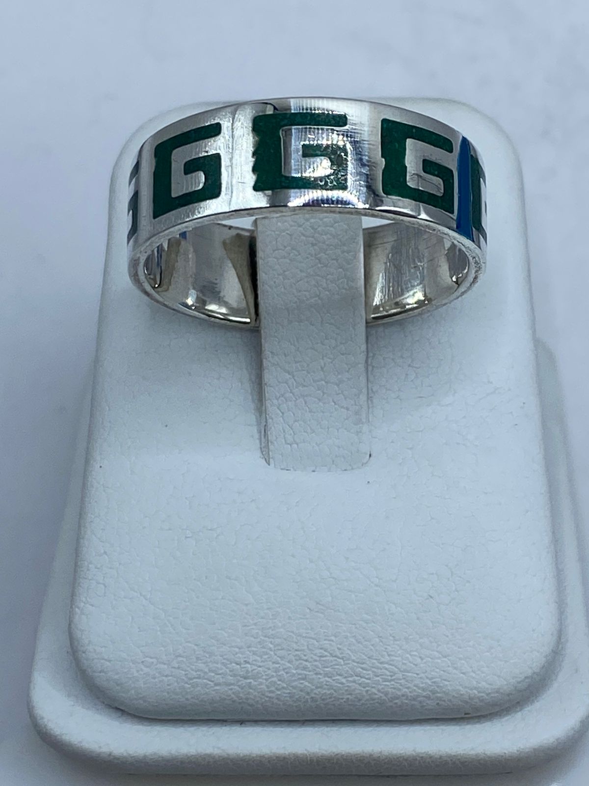 Anillo Greca Prehispánica en Plata .925 con Malaquita Natural