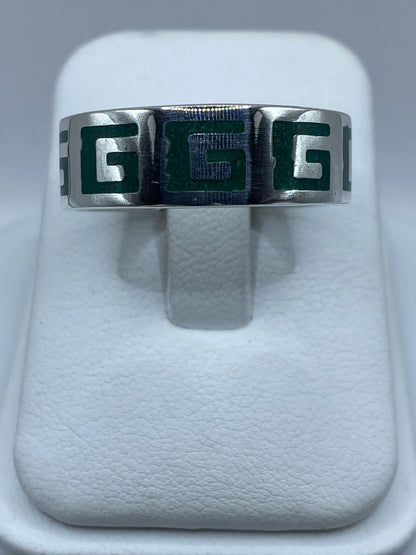 Anillo Greca Prehispánica en Plata .925 con Malaquita Natural, sello de autenticidad Plata Ley .925