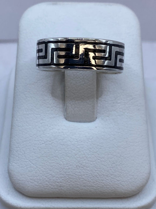 Anillo Greca Tipo Laberinto de Plata .925 con Obsidiana Negra
