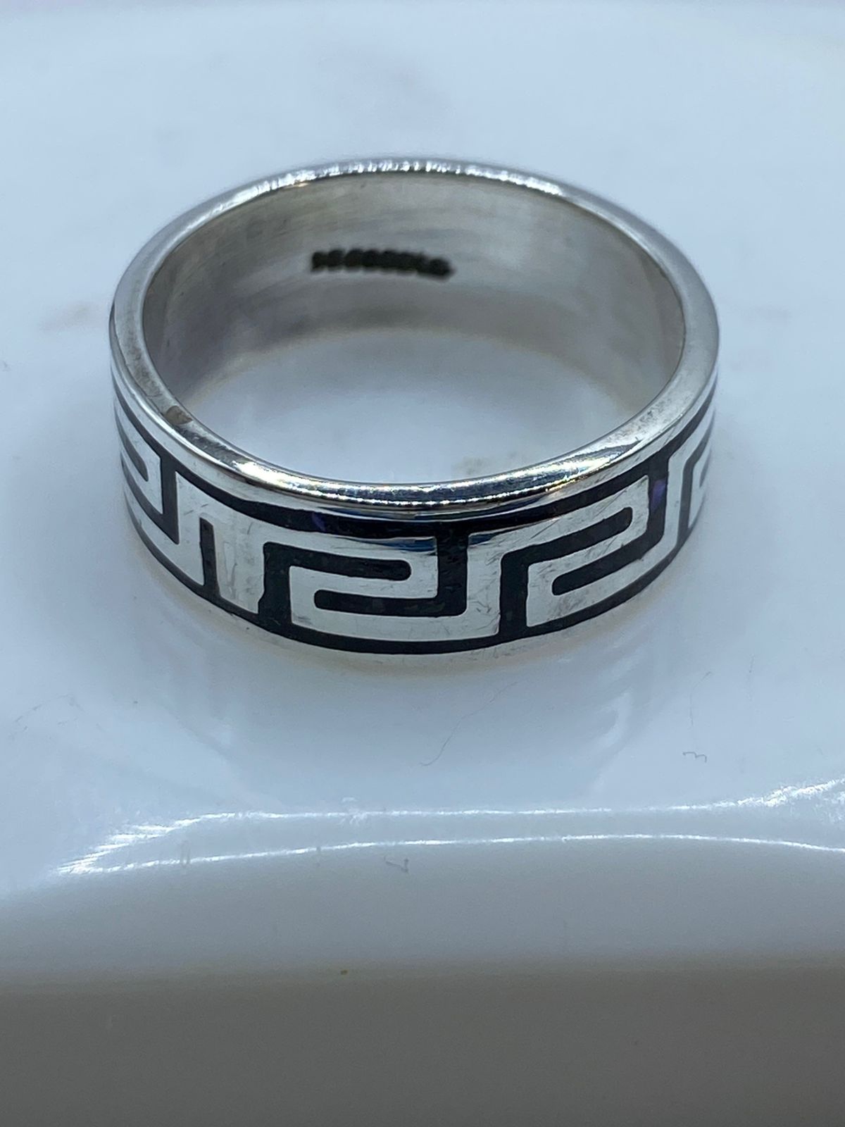 Anillo Greca Tipo Laberinto de Plata .925 con Obsidiana Negra