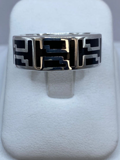 Anillo Greca Ancestral en Plata .925 con Obsidiana, vista frontal