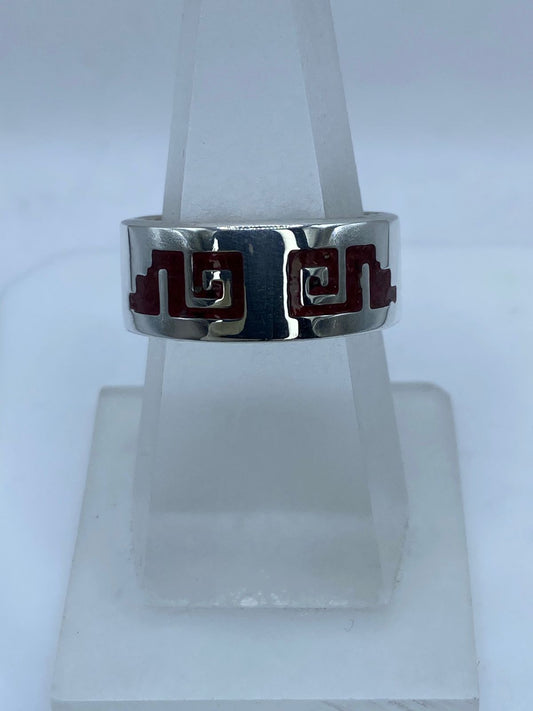 Anillo Greca Ancestral en Plata .925 con Coral Rojo