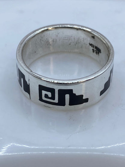 Anillo Greca Calado en Plata .925 con Obsidiana, sello de autenticidad Plata Ley .925