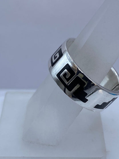 Anillo Greca Calado en Plata .925 con Obsidiana, sello de autenticidad Plata Ley .925