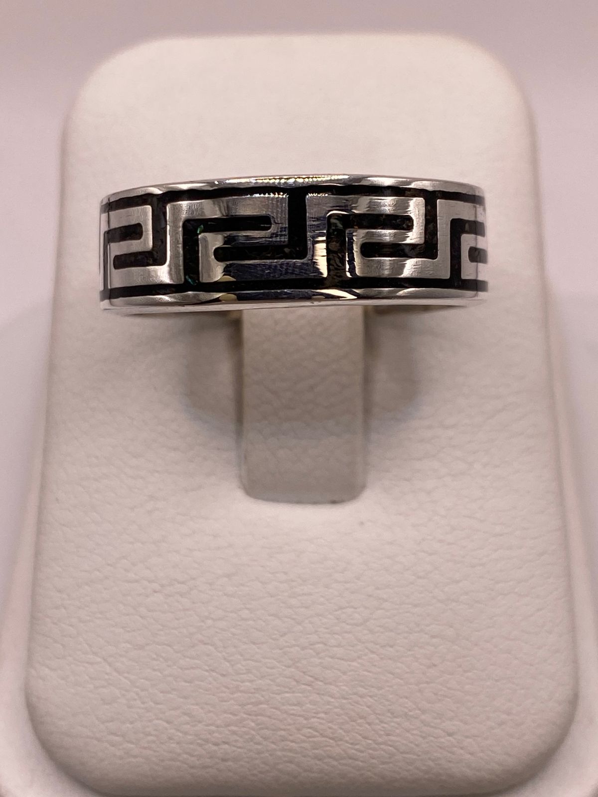 Anillo Greca Prehispánica de Plata .925 con Obsidiana
