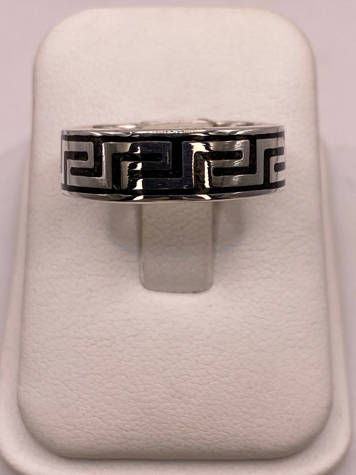 Anillo Greca Prehispánica de Plata .925 con Obsidiana