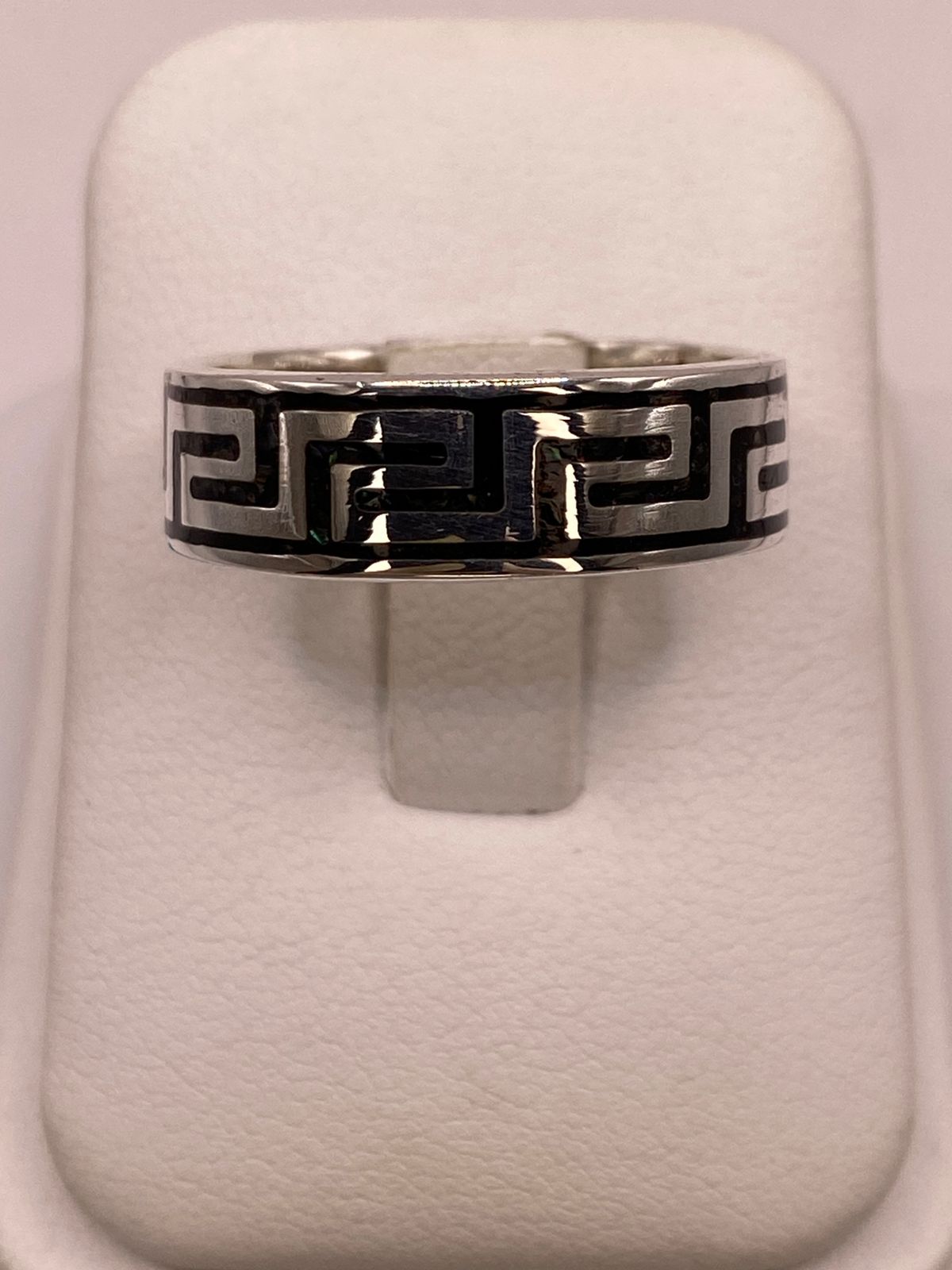 Anillo Greca Prehispánica de Plata .925 con Obsidiana