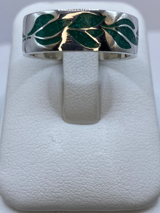 Anillo Malaquita Calado Diseño Hojas en Plata .925 — vista lateral