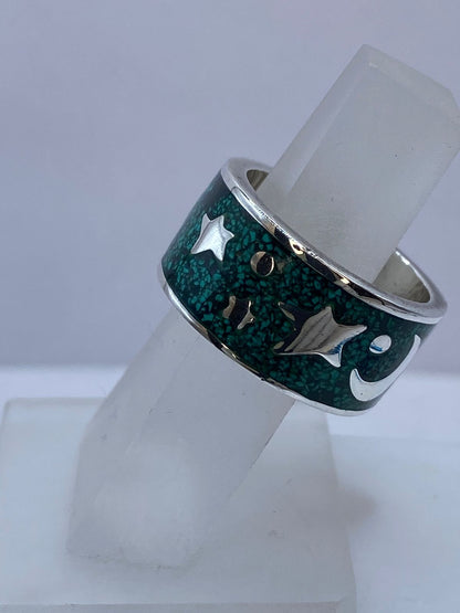Anillo de Malaquita con Diseño Luna y Estrellas en Plata .925, vista frontal