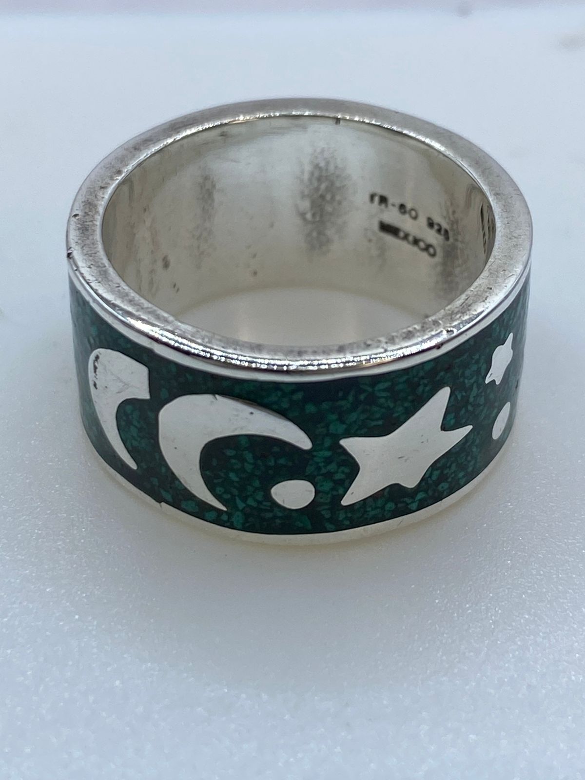 Anillo de Malaquita con Diseño Luna y Estrellas en Plata .925